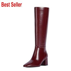Knee High Boots with Chunky Block Heel Square Toe Faux Leather